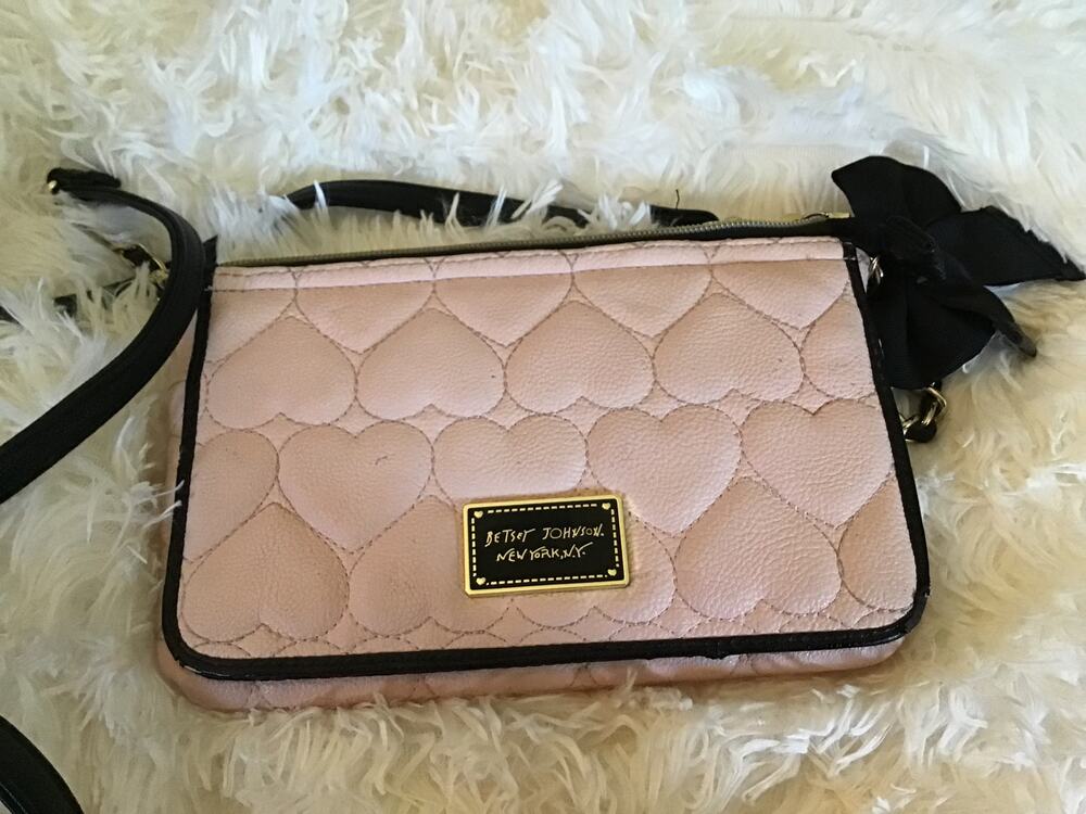 Betsey Johnson Pink/Black Quilted Heart Bow Crossbody Purse